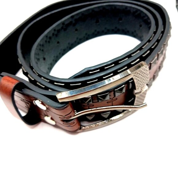 Double Row Studded Leather Belt Brown New - Picture 5 of 10